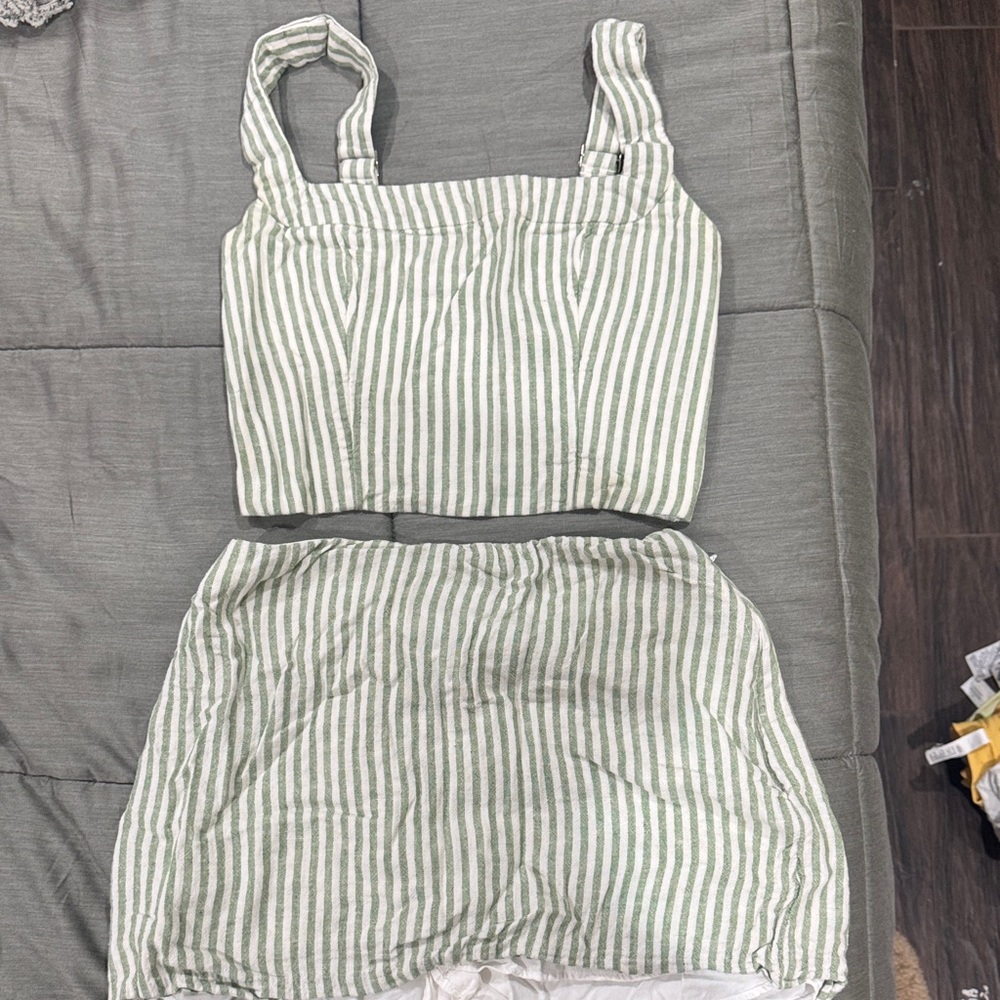 Striped Green and White Two-Piece Set